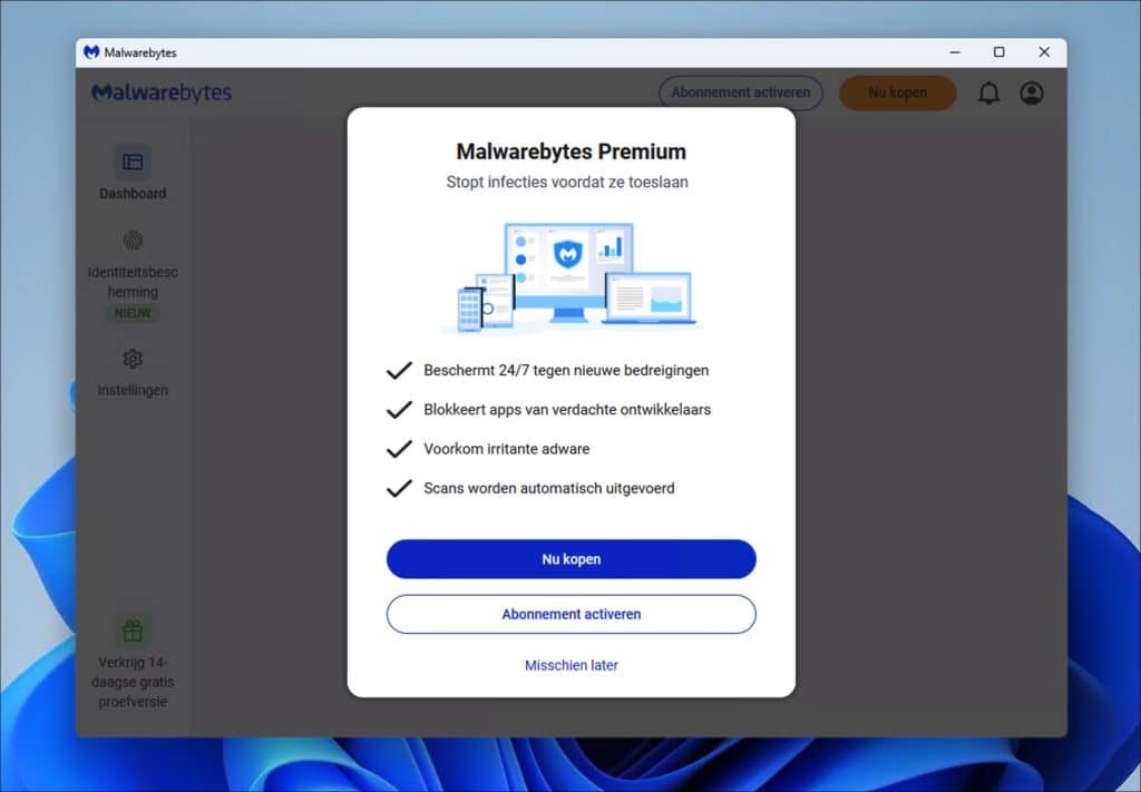 Malwarebytes aankoop opties