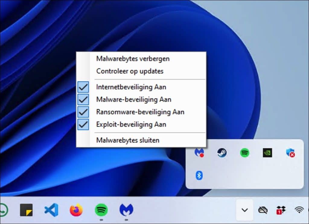 Malwarebytes beheren via systeemvak