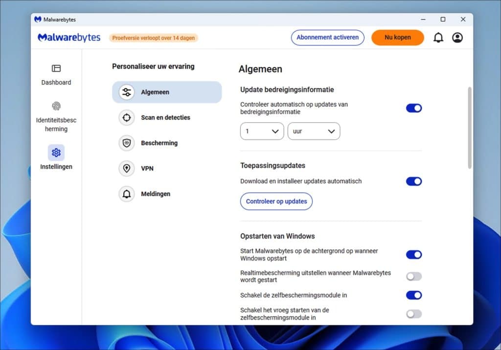 Malwarebytes instellingen