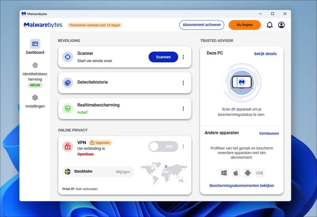 Malwarebytes start scherm
