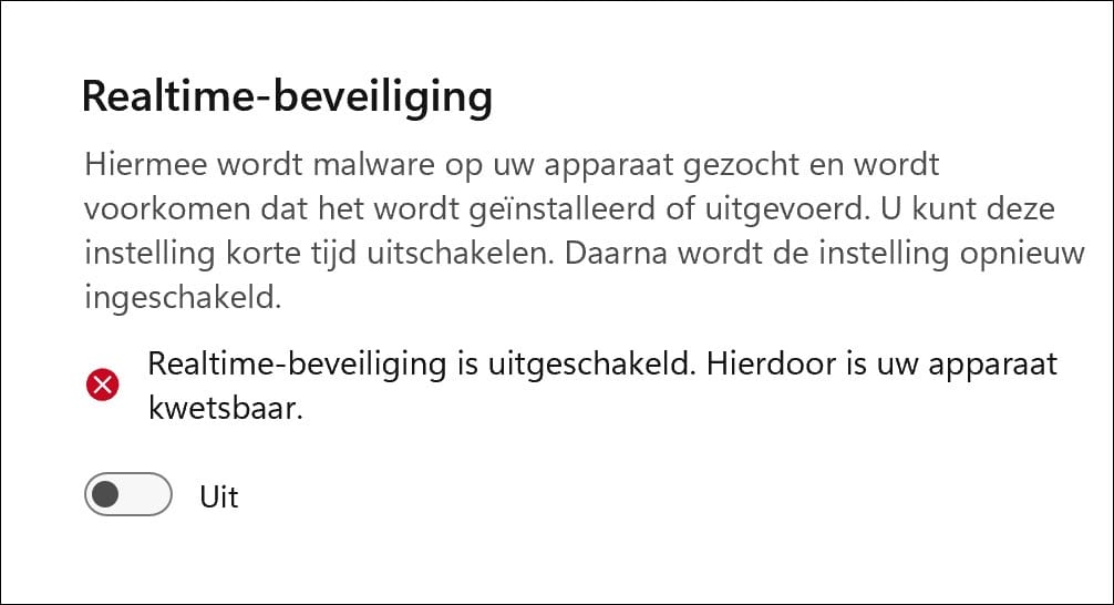 Real-time beveiliging in uitgeschakeld