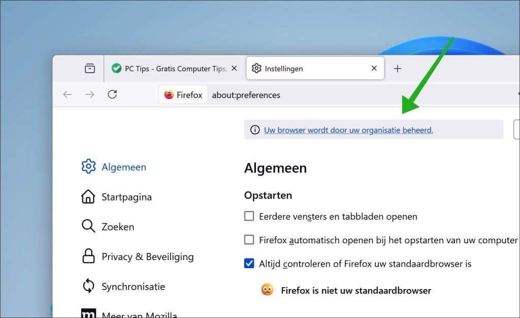 Uw browser wordt door uw organisatie beheerd firefox