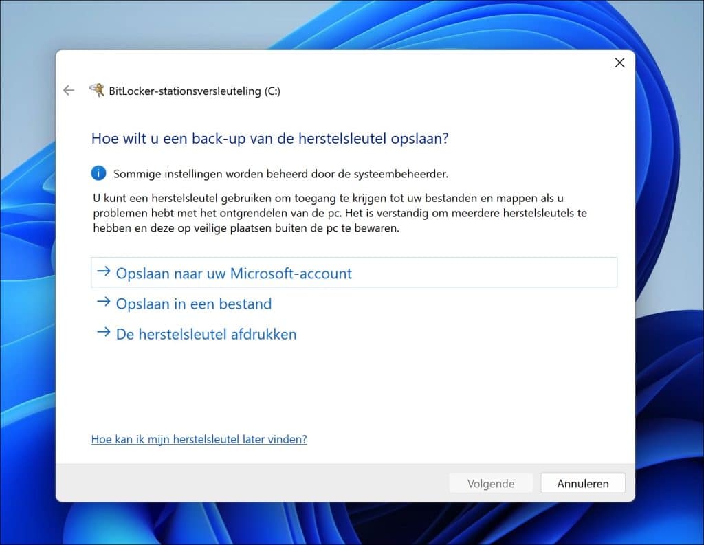 Backup maken van herstelsleutel