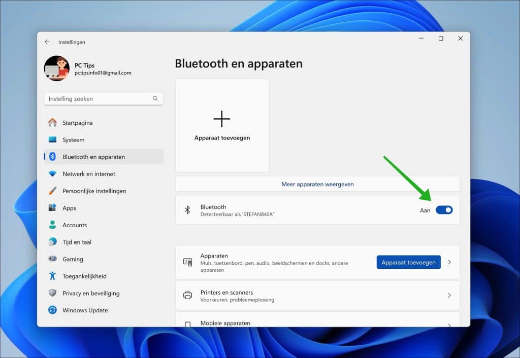 Bluetooth inschakelen via instellingen