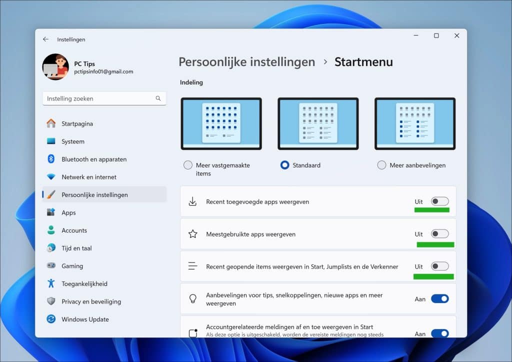 Aanbevolen sectie in het windows 11 startmenu uitschakelen