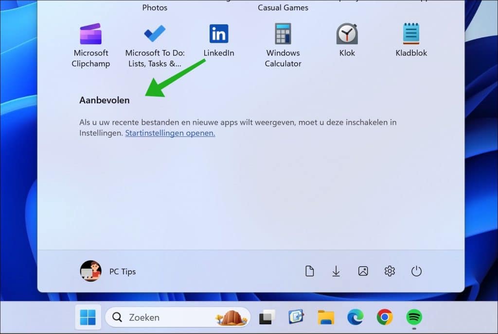 Aanbevolen sectie verwijderd in Windows 11