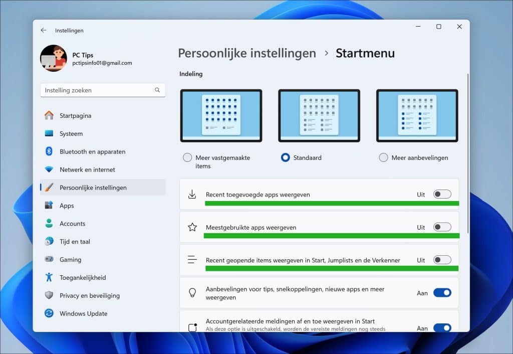 Aanbevolen verwijderen in Windows 11