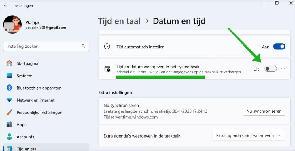 Tijd en datum verbergen uit de taakbalk in Windows 11