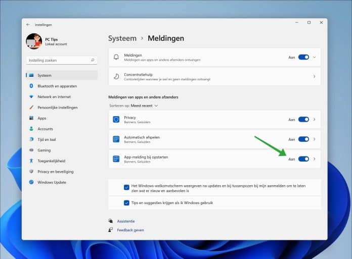 Opstart apps melding inschakelen in Windows 11