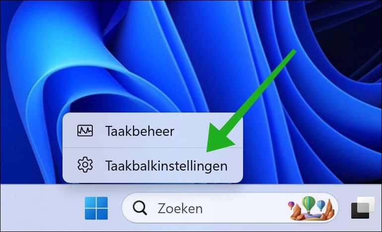 Taakbalkinstellingen openen