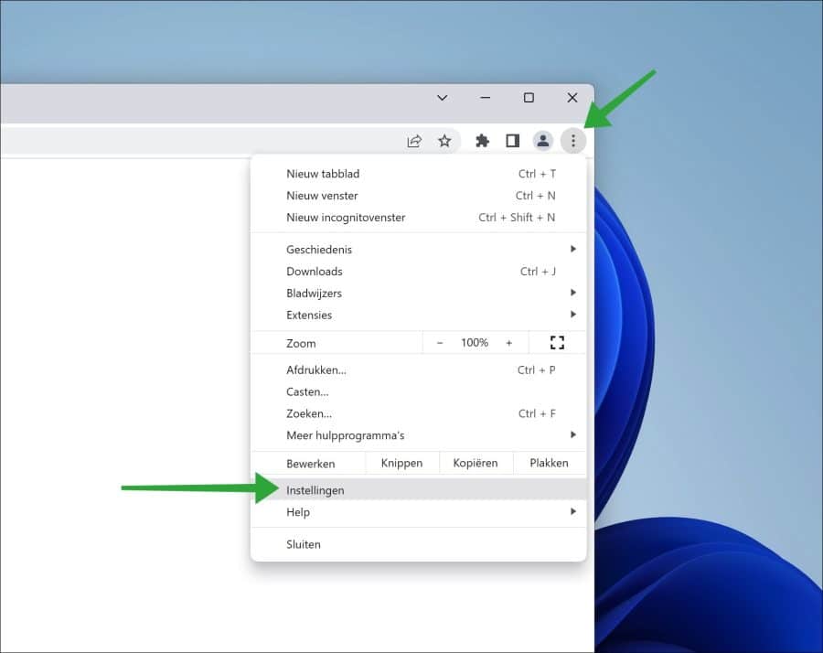 Google Chrome instellingen openen