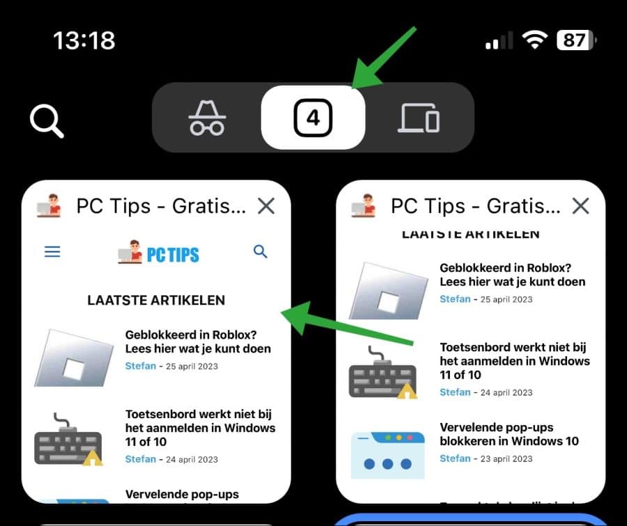 Vanuit incognito tabblad wisselen naar normaal tabblad in chrome op iphone