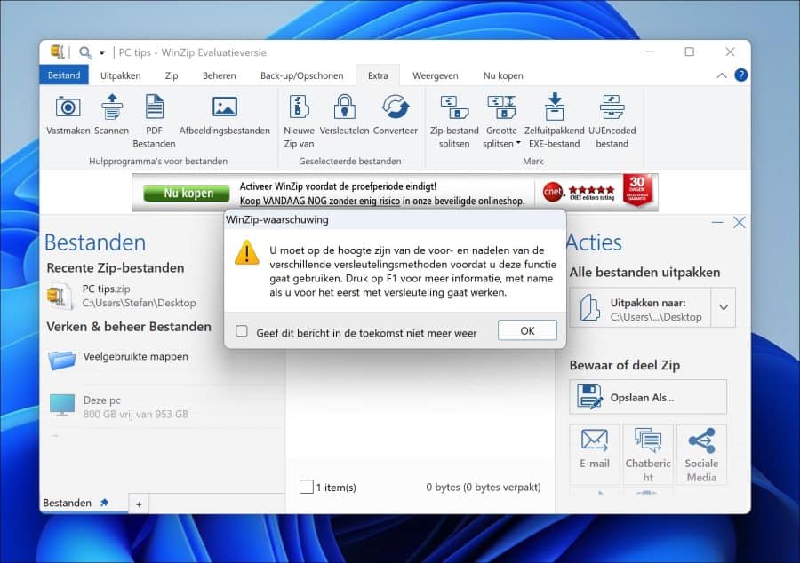 WinZip waarschuwing versleutelen