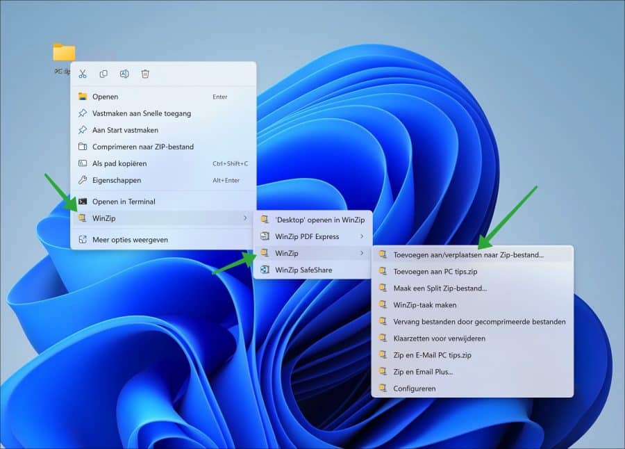 nieuw zip bestand aanmaken via windows 11 contextmenu