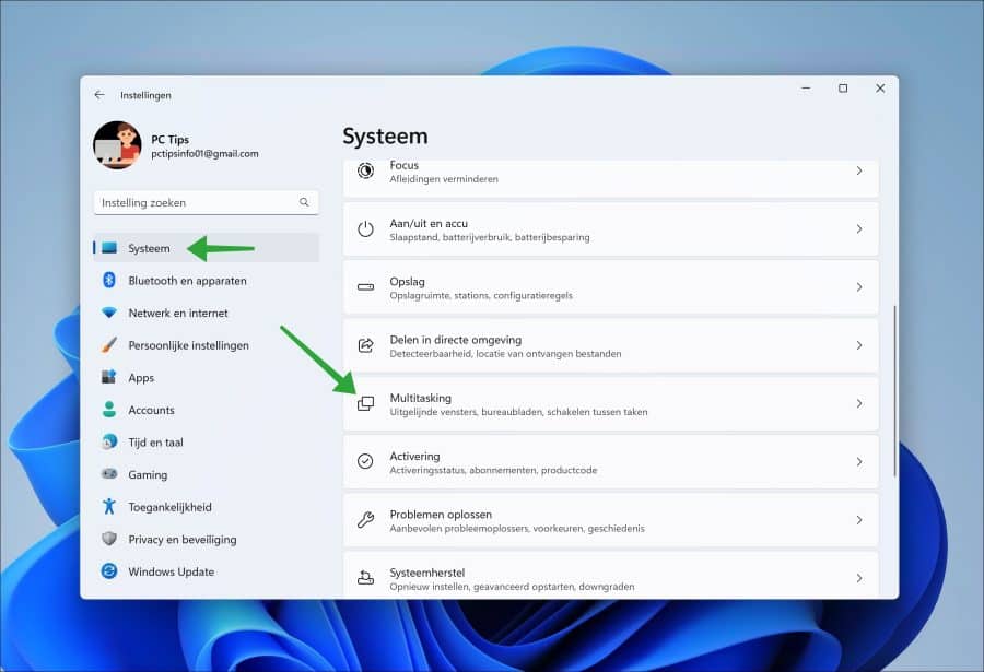 Multitasking instellingen in Windows 11