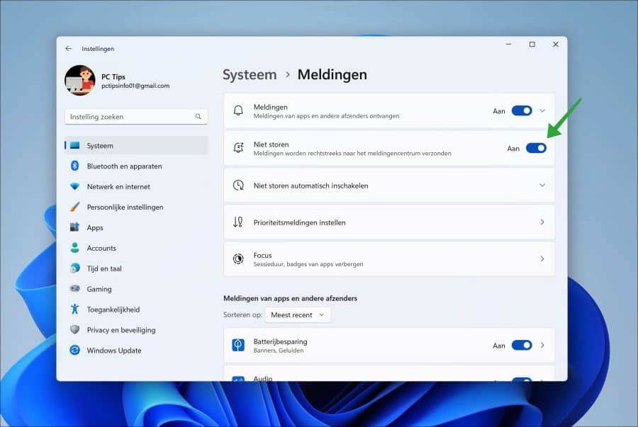 Niet storen inschakelen in Windows 11