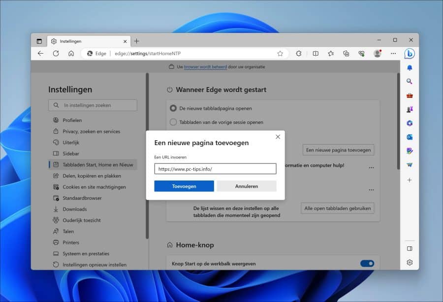 Startpagina wijzigen in Microsoft Edge