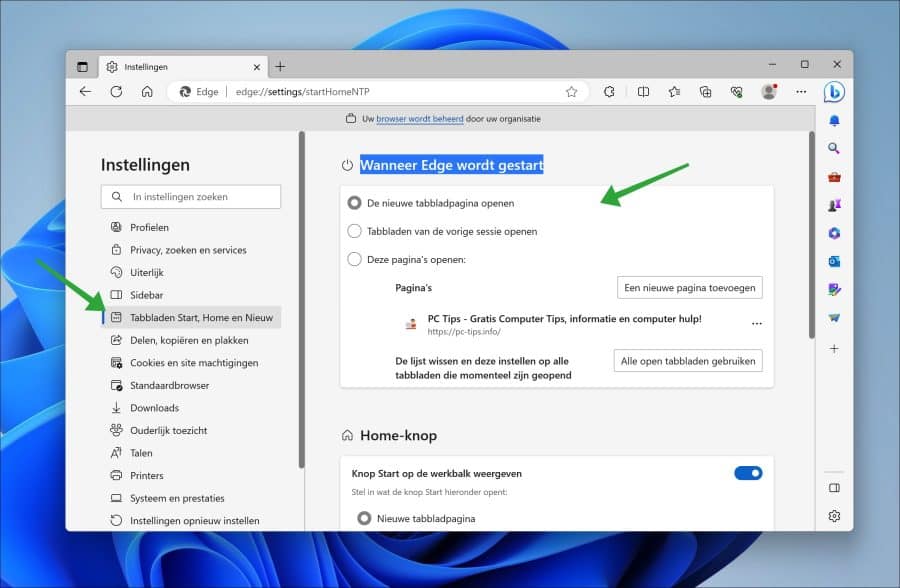 Wanneer Edge wordt gestart - Startpagina wijzigen
