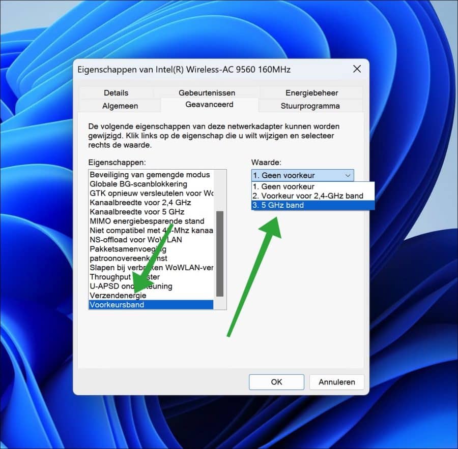 Wifi Voorkeursband instellen op 5Ghz in Windows 11