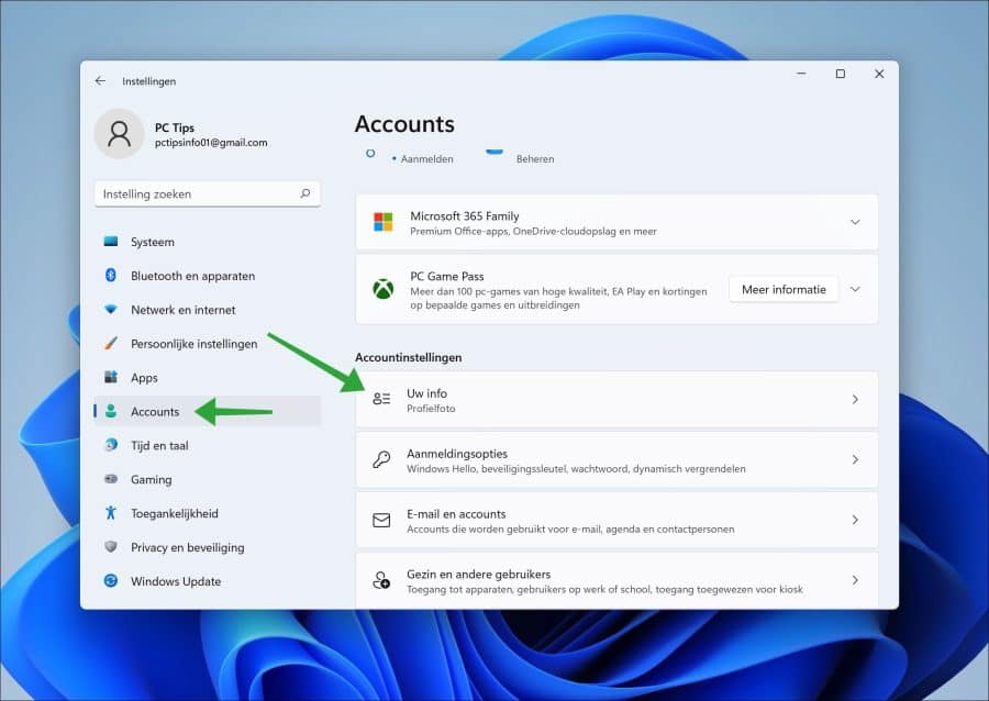 accountinstellingen openen in Windows 11