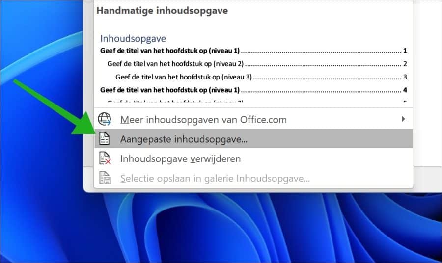 Aangepaste inhoudsopgave in Word