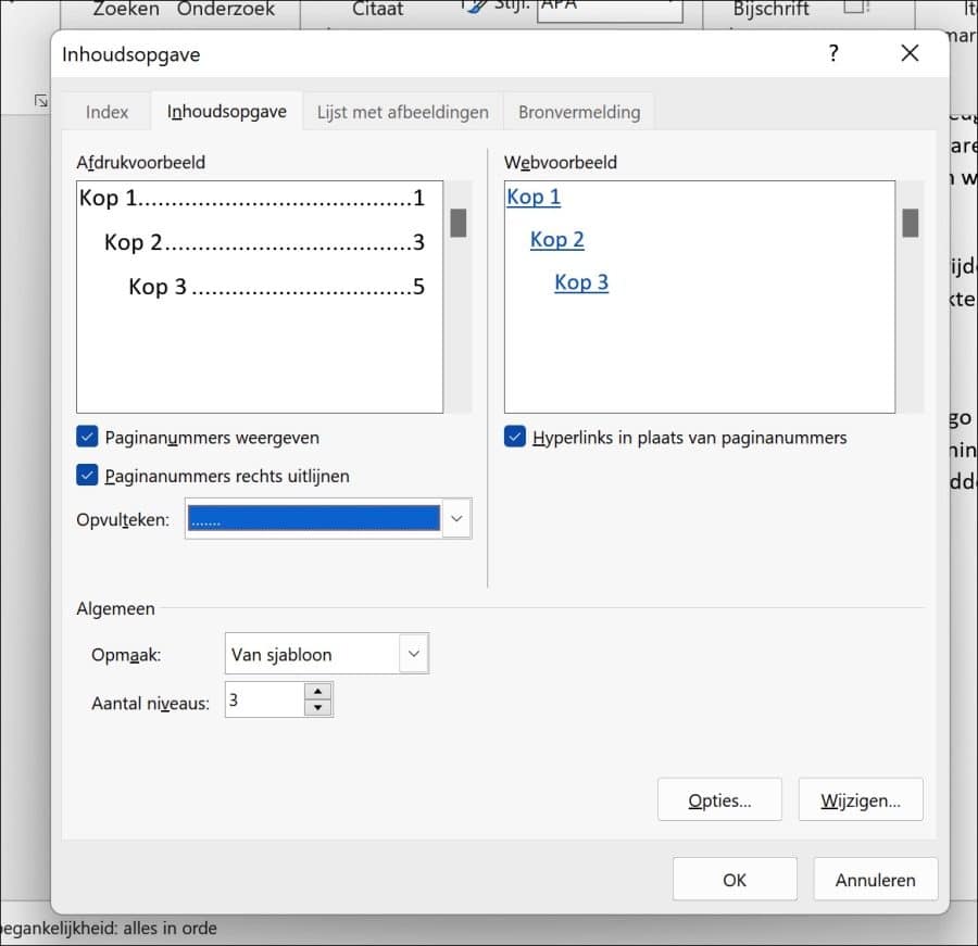 Aangepaste inhoudsopgave in Word