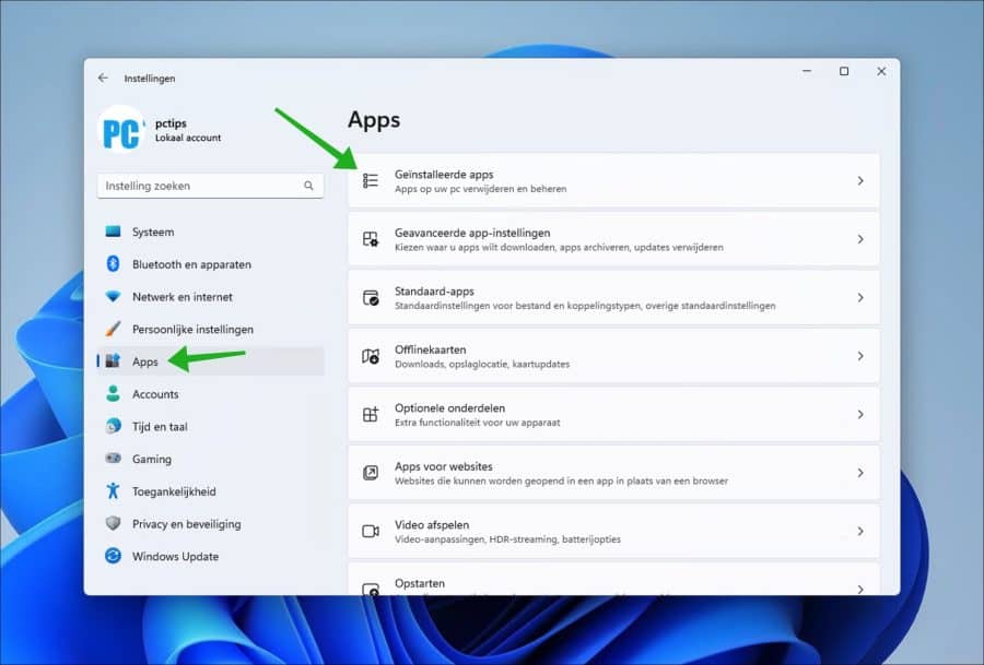 Geinstalleerde apps in Windows 11