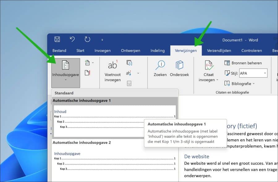 Inhoudsopgave toevoegen in Word