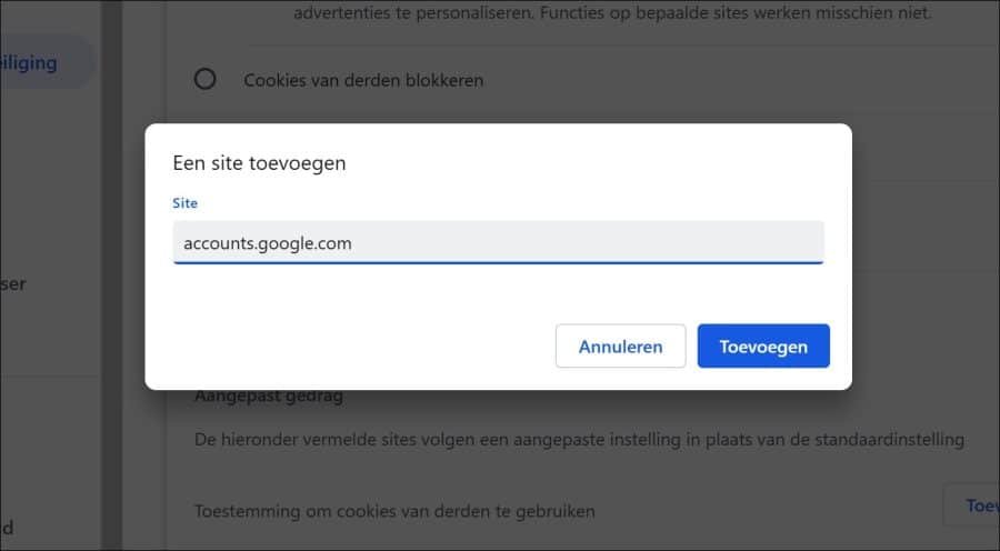 accounts google com toevoegen als exceptie