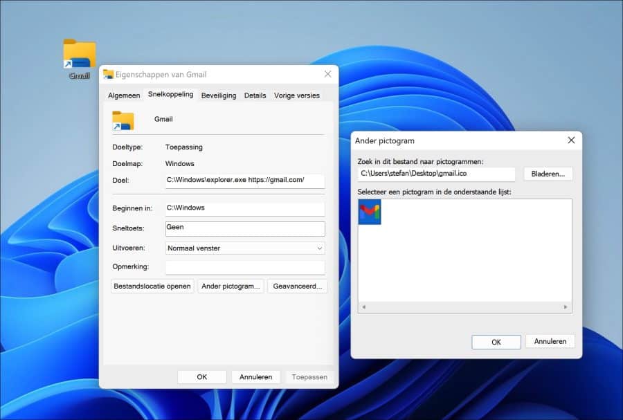 Gmail pictogram instellen
