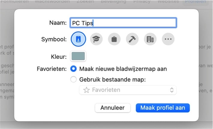 Profiel aanmaken in Safari