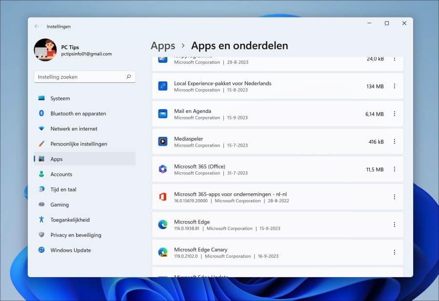 Programma weergeven in Startmenu of Geinstalleerde apps