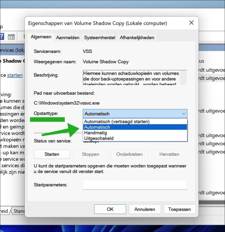 Volume Shadow Copy opstarttype automatisch