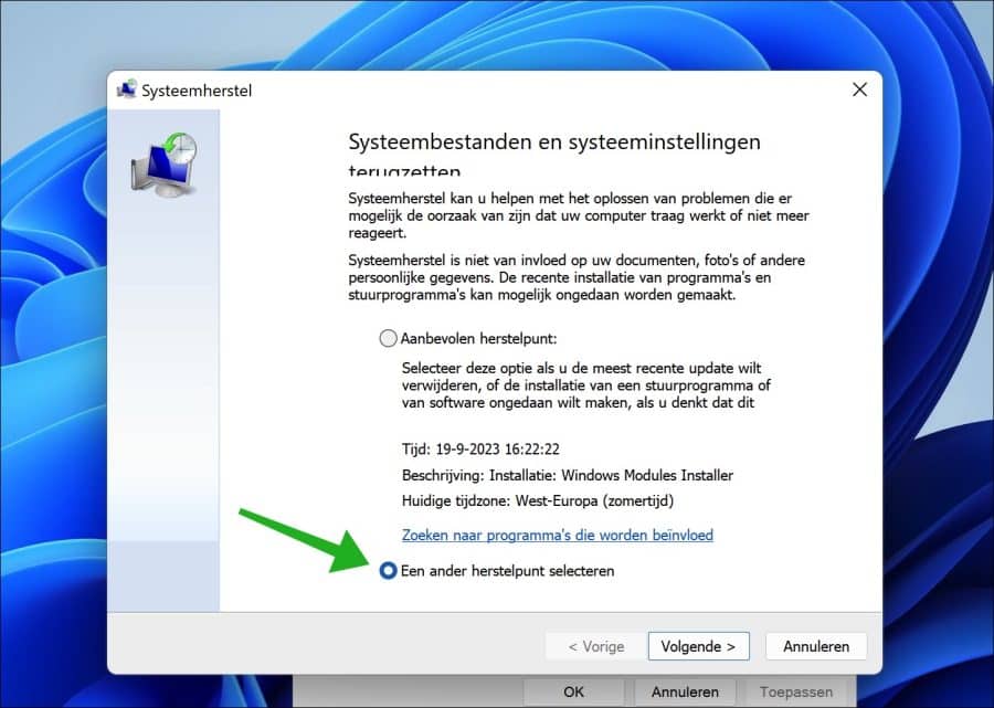 een ander herstelpunt selecteren