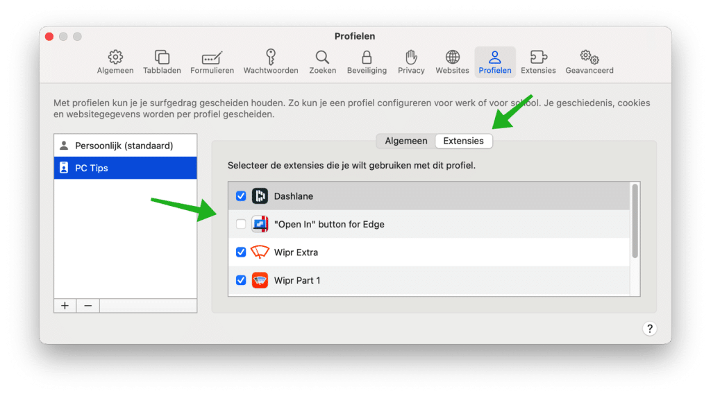 extensies beheren safari profiel
