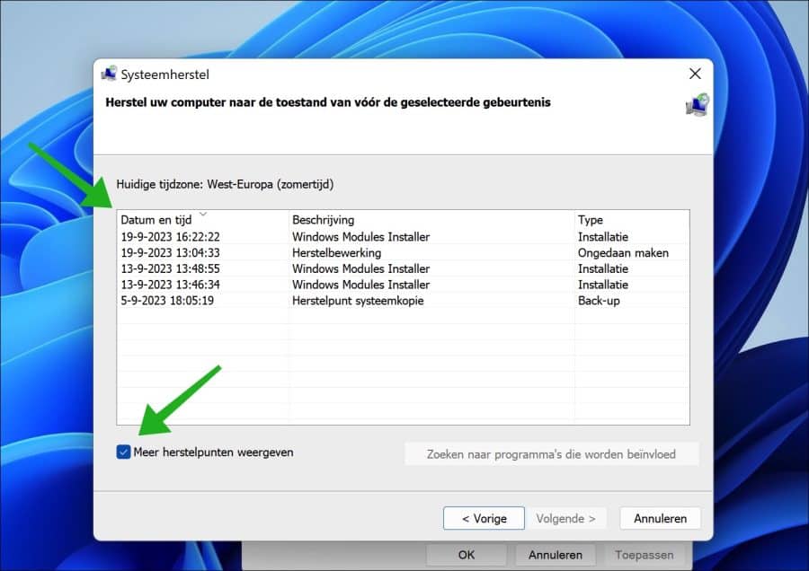 meer herstelpunten weergeven