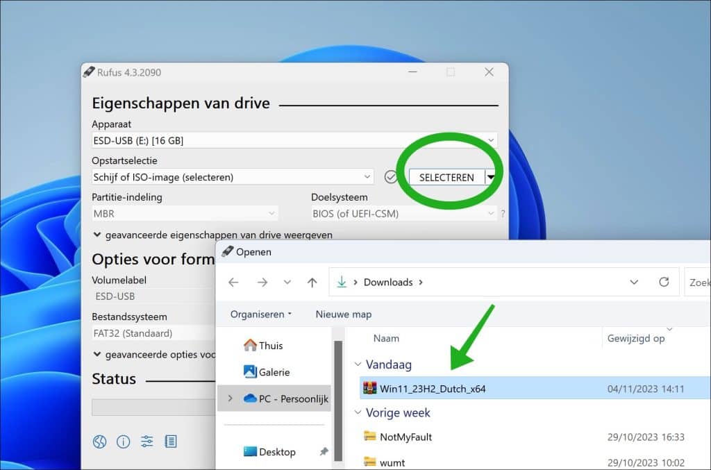 selecteer windows 11 23h2 iso met rufus