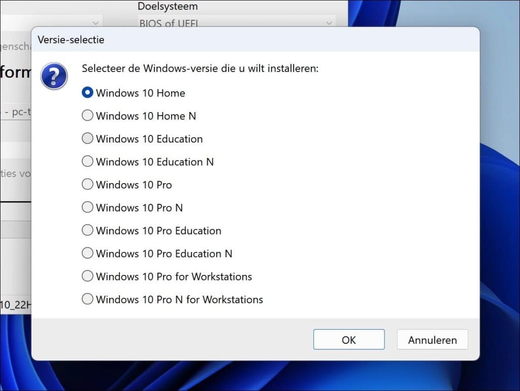 Windows versie selecteren