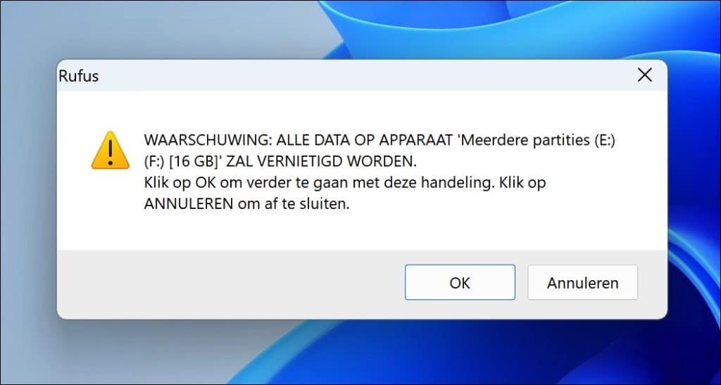 waarschuwing alle data wordt verwijderd