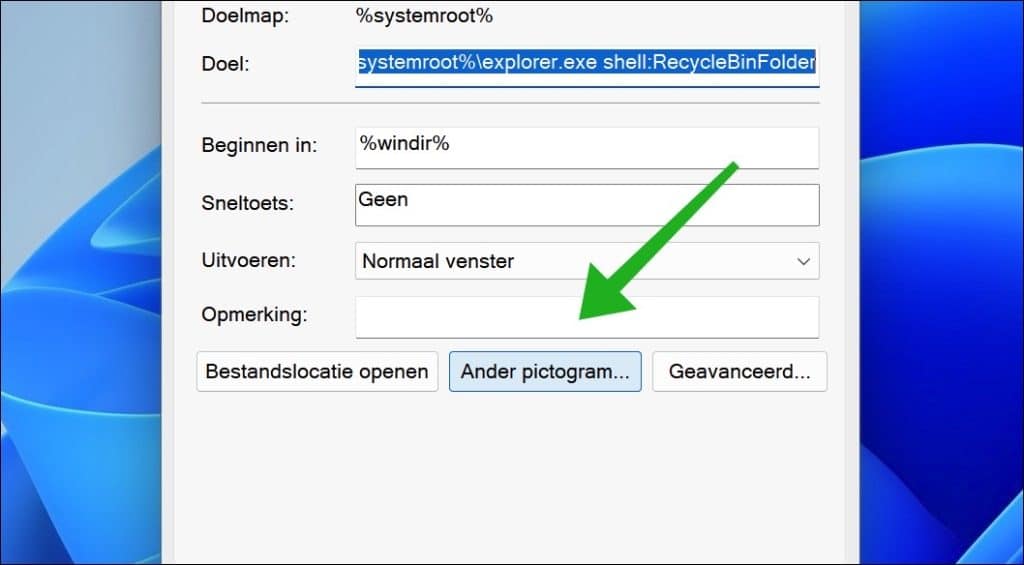 Ander pictogram instellen voor prullenbak snelkoppeling