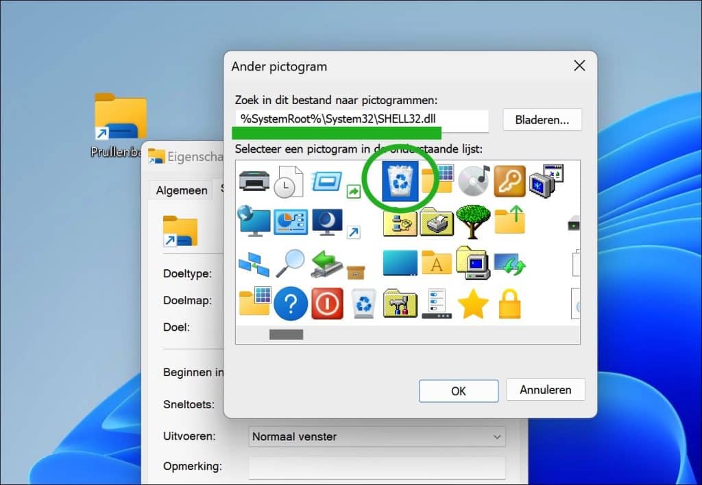 Prullenbak pictogram selecteren