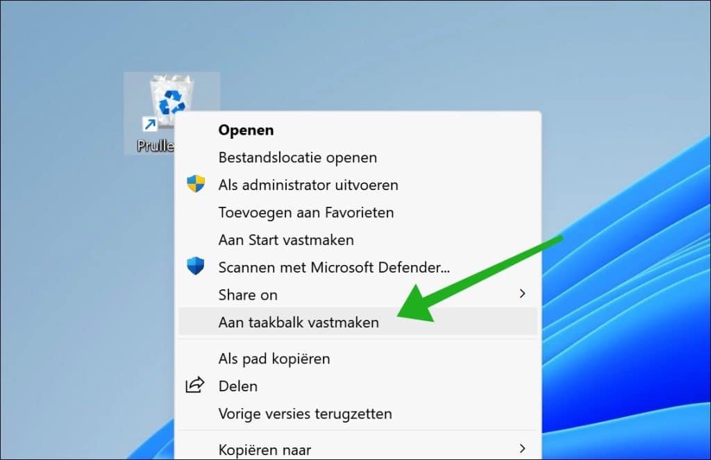 Prullenbak vastmaken aan de taakbalk in Windows 11 of 10