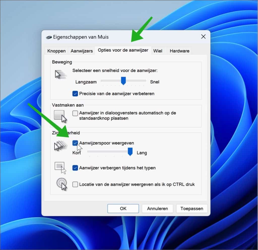 Muis aanwijzerspoor inschakelen of uitschakelen in Windows 11