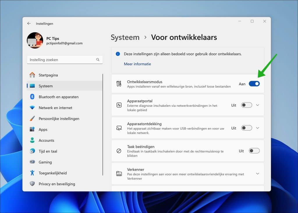 Ontwikkelaarsmodus inschakelen via instellingen