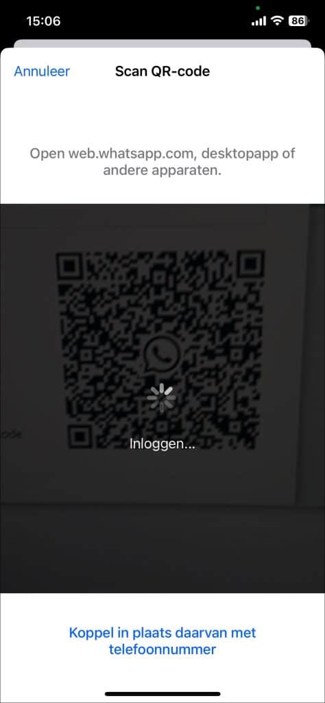 QR code scannen om Whatsapp web te koppelen