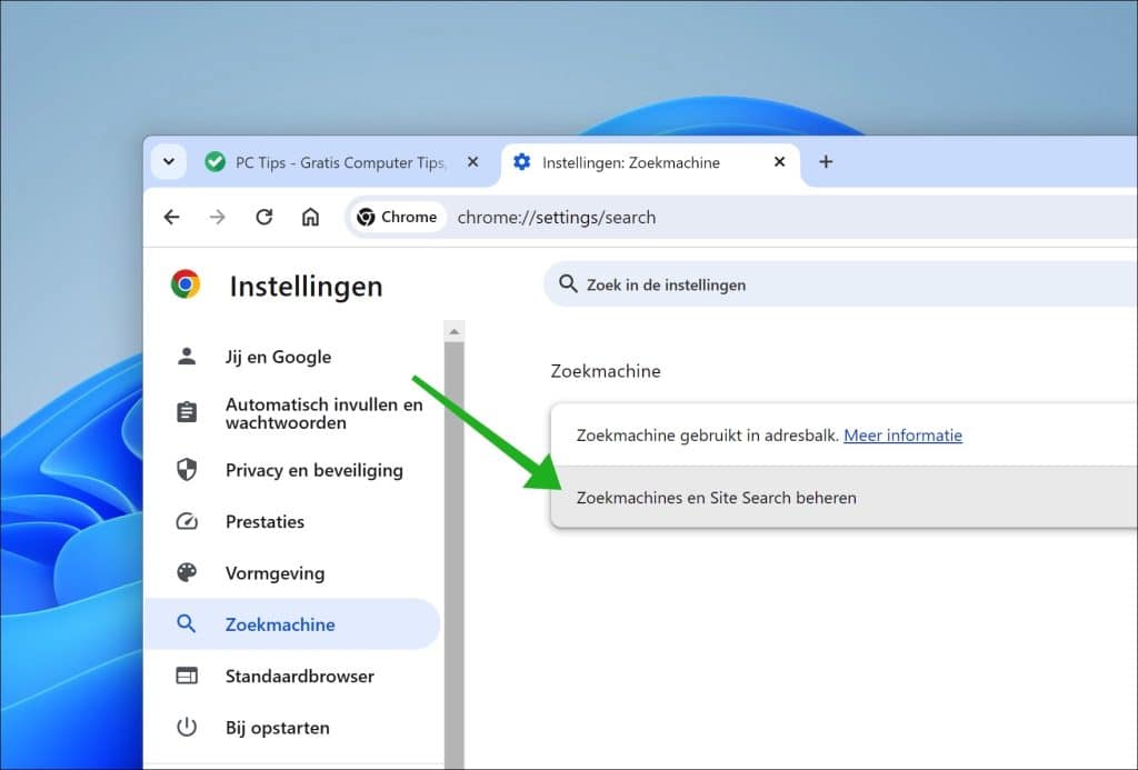 Zoekmachine instellingen in Google Chrome