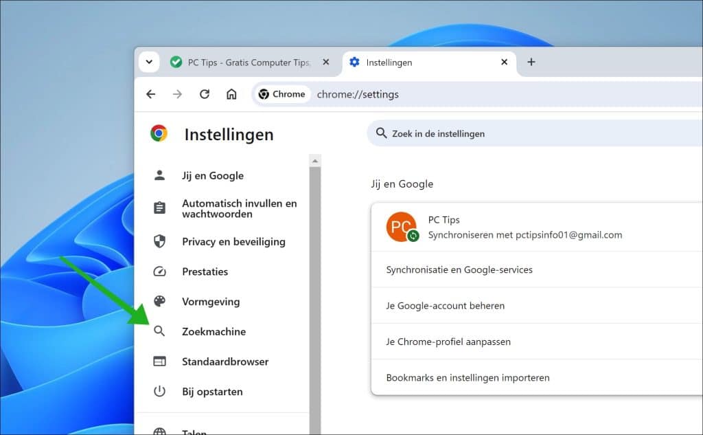 Zoekmachine instellingen in Google Chrome