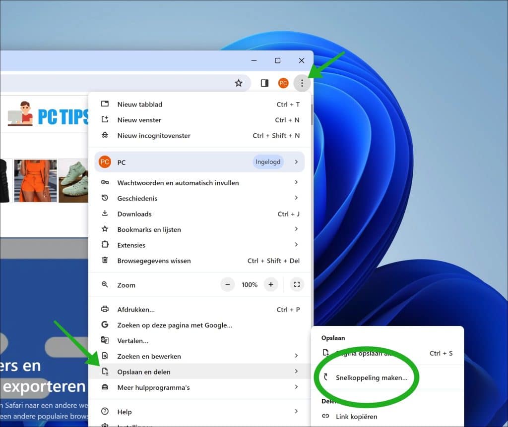 Website snelkoppeling maken in Google Chrome