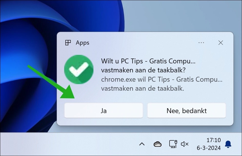 Website vastmaken aan taakbalk melding Windows 11