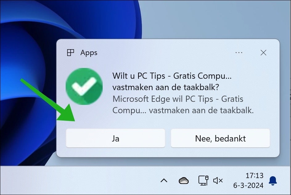 Website vastmaken aan taakbalk melding in Windows 11 via Microsoft Edge browser